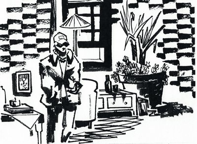 Ink illustration of a figure in a baseball cap and sunglasses standing in a plant-filled apartment room beside a paper lantern lamp