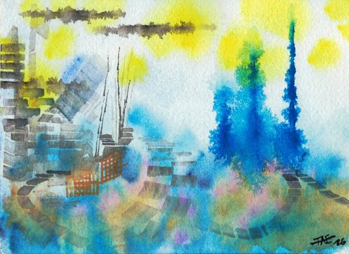 Abstract watercolor painting featuring blues, light browns trending towards the bottom, yellows towards the top, and a series of geometric shapes evoking a wooden structure