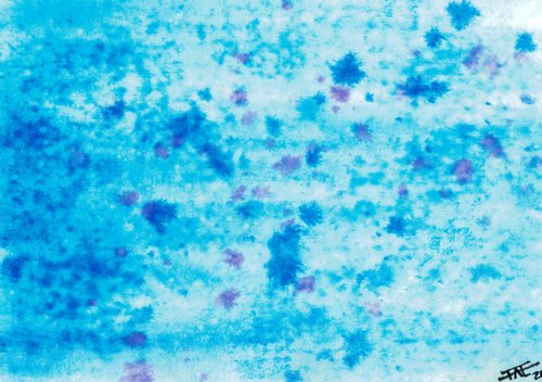 Abstract watercolor painting composed of a range of blues and shades of violet scattered chaotically on a light blue background