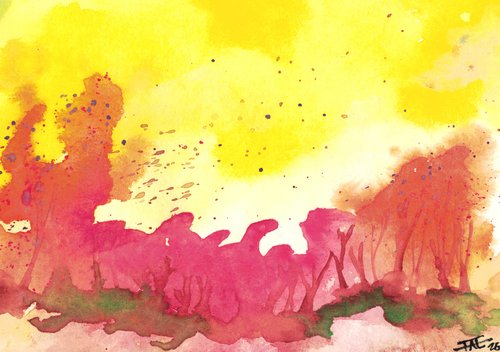 Watercolor painting of a yellow sky speckled with dark spots and below, reddish orange trees fading downwards toward the green earth.