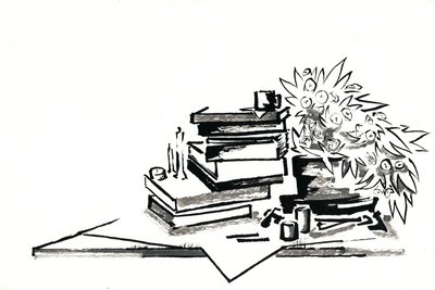 Ink illustration of a stack of books, candles, and a leafy potted plant piled on an open journal