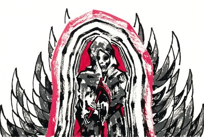 Colored ink illustration of a hooded skeletal figure holding a scythe, flanked by black wings and a red aura