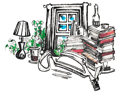 Ink illustration of a lamp, potted plant, stacked books, and a wine bottle beside a chair with a fanny pack draped over it, near a window