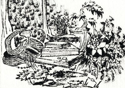Ink illustration of a coiled feathered serpent resting beside a potted plant, wicker baskets, and a bonsai tree