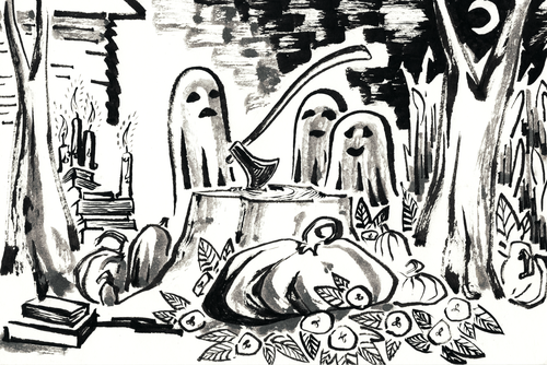 Three ghosts observe an axe embedded in a tree stump surrounded by pumpkins, books, plants, candles, and trees near a house under the light of a crescent moon