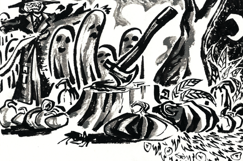 Four ghosts observe an axe embedded in a tree stump surrounded by pumpkins, plants, and trees near a jack'o'lantern topped scarecrow under the light of a crescent moon