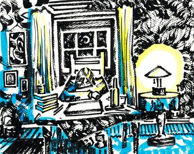 Colored ink illustration of a person writing at a desk in a moonlit room, lit by a lamp and blue-toned curtains
