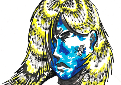 Colored ink portrait of a person with yellow hair and a blue-toned face, eyes closed, head tilted downward