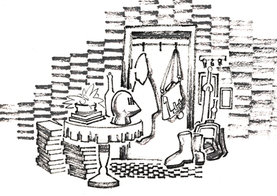 Ink illustration of an open closet with hanging coats and bags, boots, and a pedestal table beside a brick wall