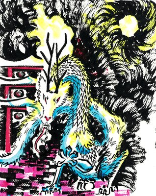 Colored ink illustration of a horned, wolf-like creature baring its teeth beneath a crescent moon, with eyes peering from the dark