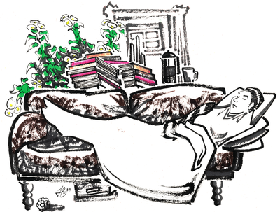 Ink illustration of a person reclining on a fur-draped couch surrounded by potted flowers, stacked books, and a coffee press