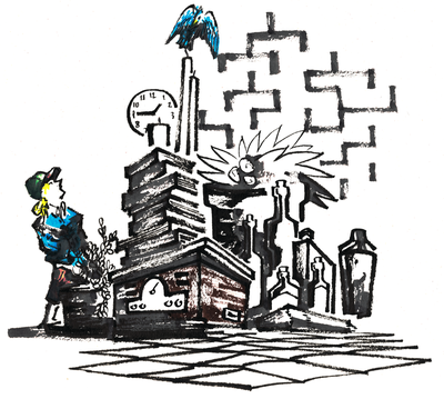 Ink illustration of a person standing beside a tall stack of crates and bottles topped with a bird, near a clock and a maze-patterned wall