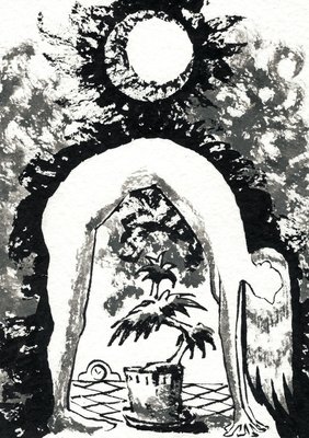 Ink illustration of an arched stone doorway framing a potted plant and a trailing wing, beneath a glowing sun