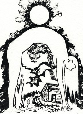 Ink illustration of an arched, keyhole-shaped landscape framing a small cabin, trees, and a rising sun