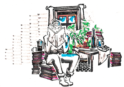 Colored ink illustration of a person reading in a chair surrounded by stacked books, potted plants, and lanterns beside a window