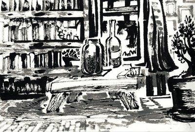 Ink illustration of bottles, a glass jar, and shelves of stacked books on a wooden table beside a potted plant