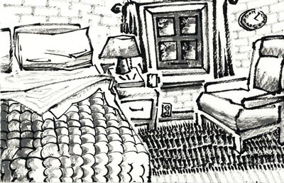 Ink illustration of a bedroom interior with a rumpled bed, wall clock, armchair, and curtained window