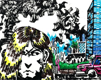 Colored ink illustration of a person's face in the foreground beside a shadowy figure, a city skyline, and a parked car