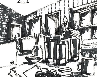 Ink illustration of a cluttered artist's workshop with jars of brushes, stacked books, and windows along the walls
