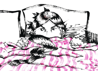 Ink illustration of a child peeking over a striped blanket in bed, clutching a small dragon