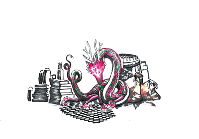 Colored ink illustration of a pink and green antlered dragon curled on a checkered floor surrounded by books and bottles