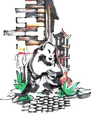 Colored ink illustration of a stone creature resting before a crumbling brick shrine with a small pagoda lantern