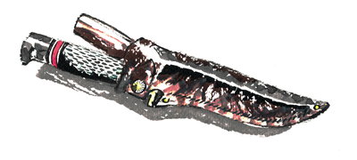 Colored ink illustration of a large sheathed hunting knife with a patterned handle and mottled blade