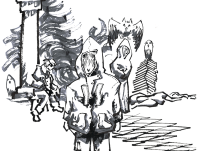 Ink illustration of hooded, ghost-like figures walking along a cobblestone path through a dark forest